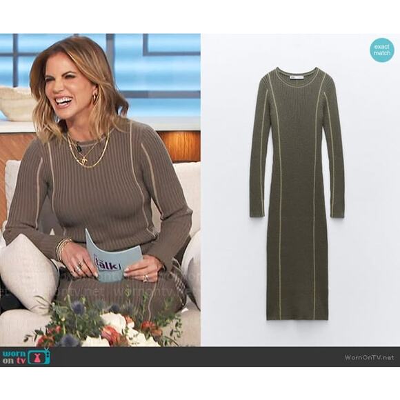 ZARA RIBBED KNIT PIPED STRETCH LONG SLEEVE MIDI DRESS KHAKI - Picture 7 of 13